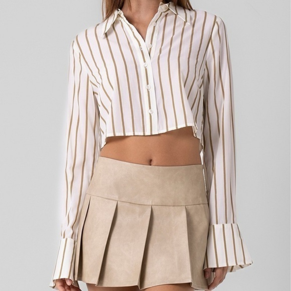 Ivory and Tan Striped Cropped Button-Down Top
